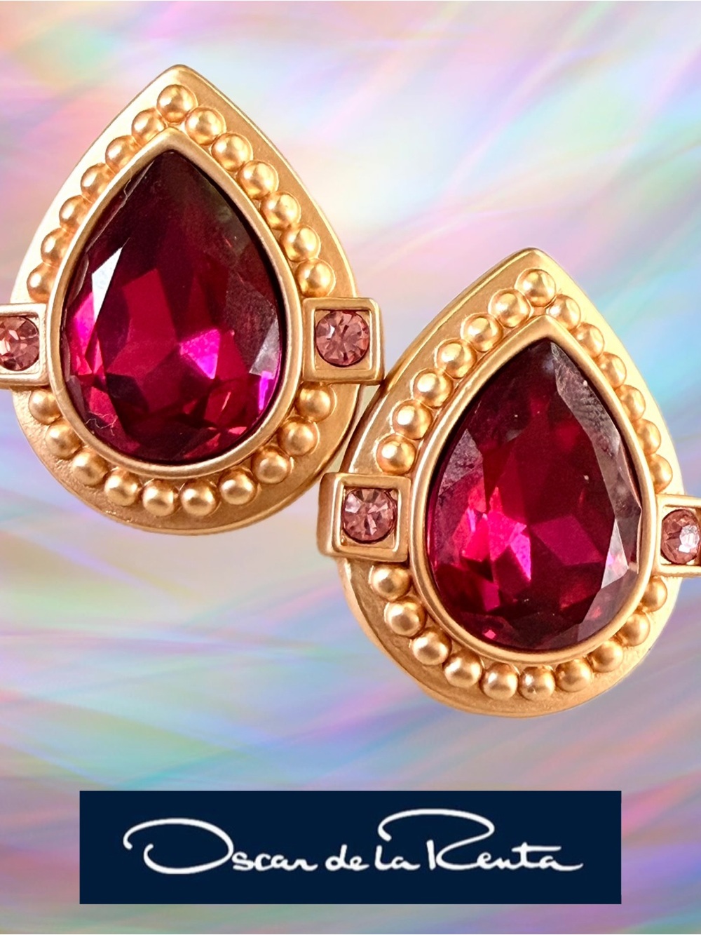 Oscar de la Renta Teardrop Earrings ✨Magenta Crystal ✨Museum Gold finish / Post
